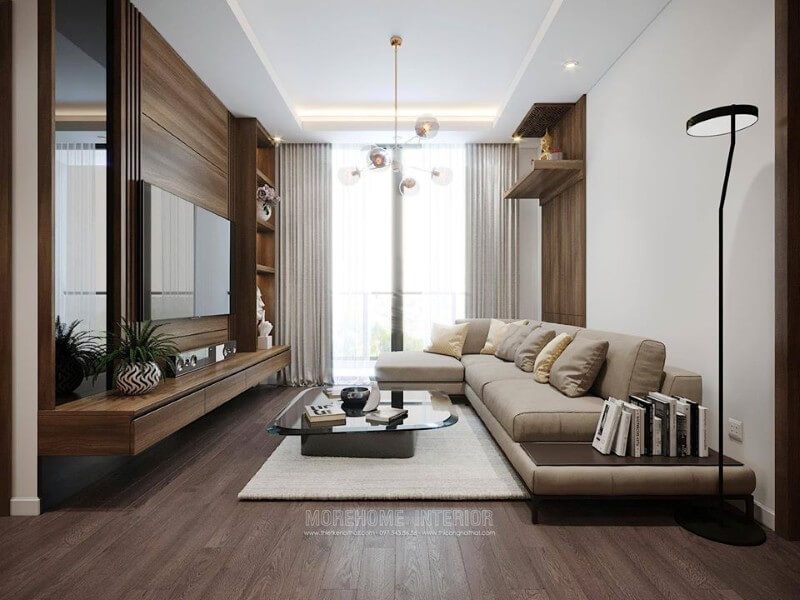 Góc tâm linh đặt tại phòng khách với vách gỗ công nghiệp và bàn thờ gỗ tự nhiên cao cấp.