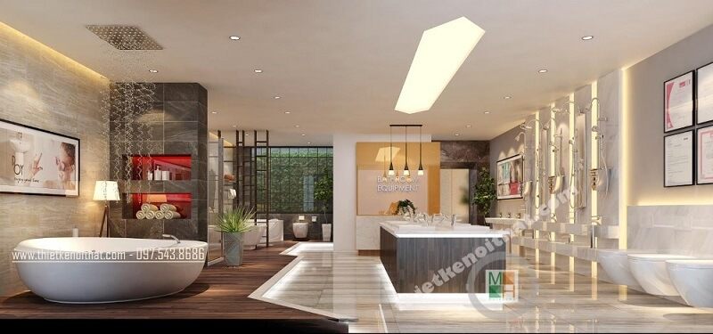 Thiết kế không gian trưng bày sản phẩm bồn tắm cao cấp đẹp kết hợp sử dụng hiệu ứng ánh sáng đèn led và cách trang trí độc đáo mang đến sự hiện địa, tinh tế cho showroom